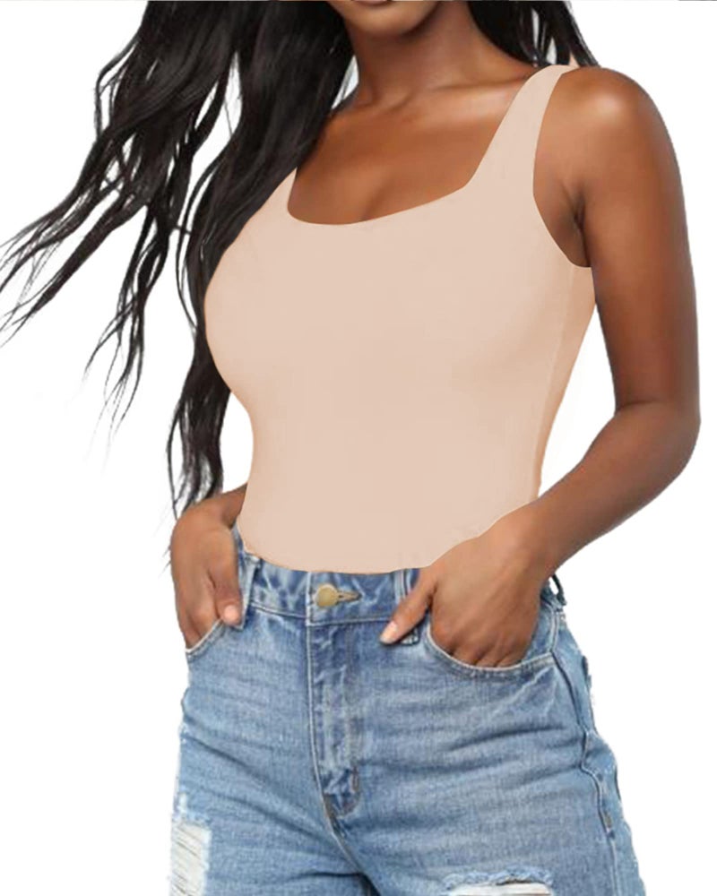 BelleLovin Women's Scoop Neck Bodysuits Sleeveless Tank Top Jumpsuits (Nude, Large) - Image 2